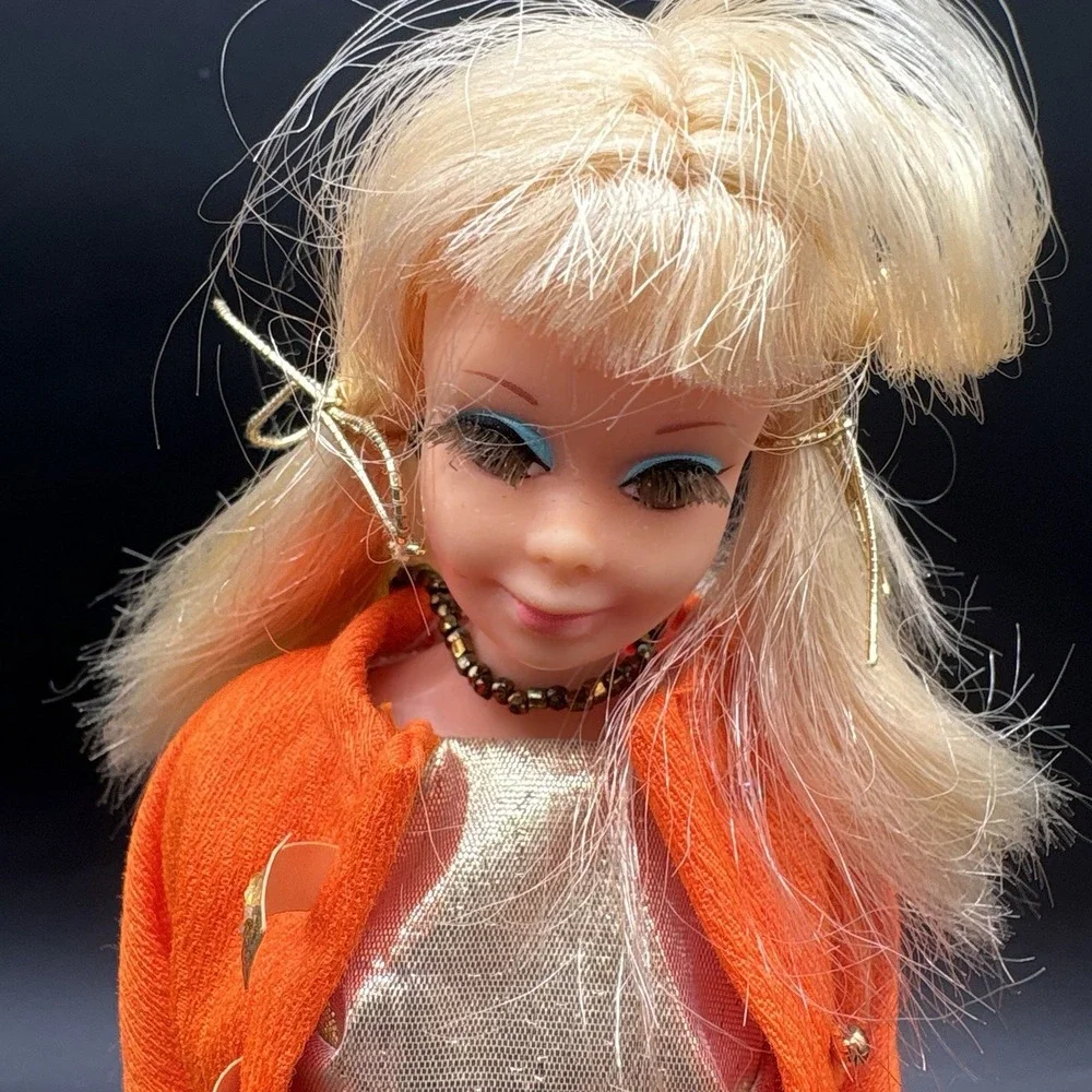 Vintage 1970s Barbie Doll Orange Fur Trim Jacket Gold Dress Green Boots
